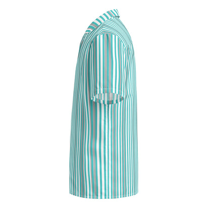 Good Wishes 365 men's deep teal and white vertical striped short sleeve button shirt with a relaxed camp collar