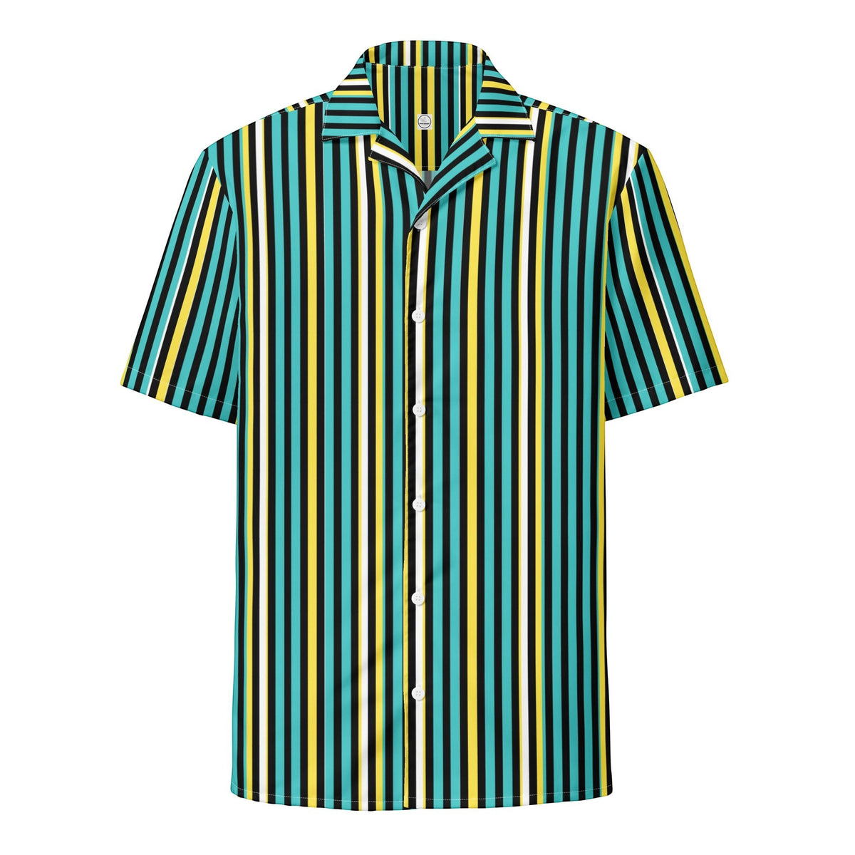 Good Wishes 365 teal, yellow, and white vertical striped short sleeve button-up shirt with UPF50+ sun protection.