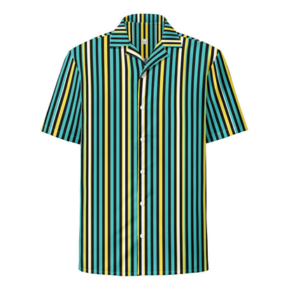 Good Wishes 365 teal, yellow, and white vertical striped short sleeve button-up shirt with UPF50+ sun protection.