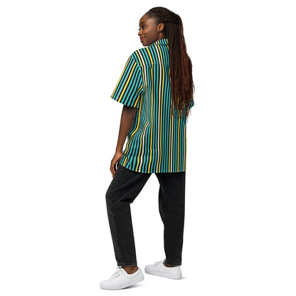 Good Wishes 365 teal striped short sleeve button-up shirt with UPF50+ protection worn by a woman with black jeans