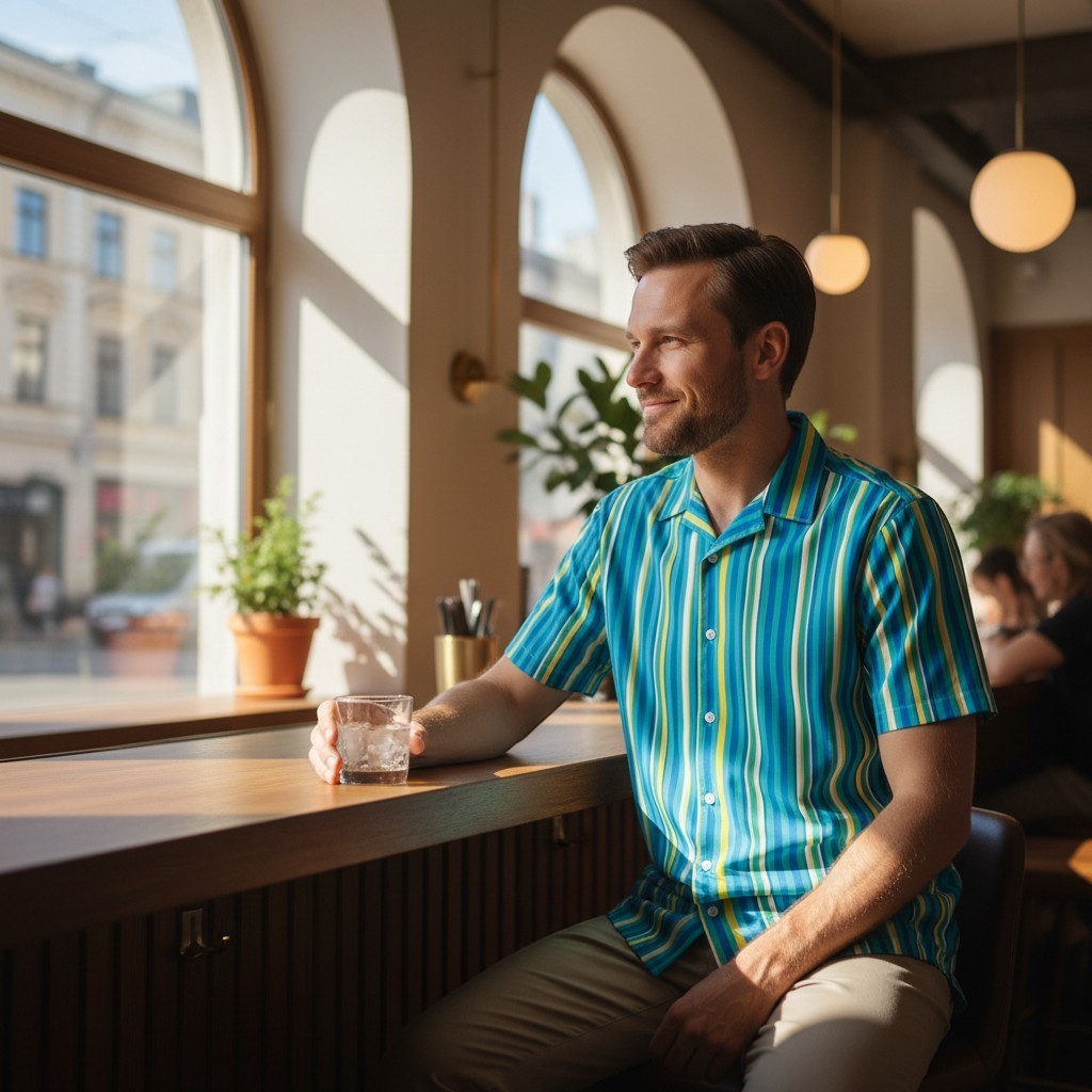 A man wearing a Good Wishes 365 teal striped short sleeve button shirt with UPF 50+ protection in a sunny cafe.