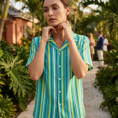 Women's Teal Striped Casual Short Sleeve Button Shirt | Unisex UPF50+