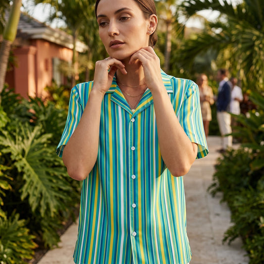Women's Teal Striped Casual Short Sleeve Button Shirt | Unisex UPF50+