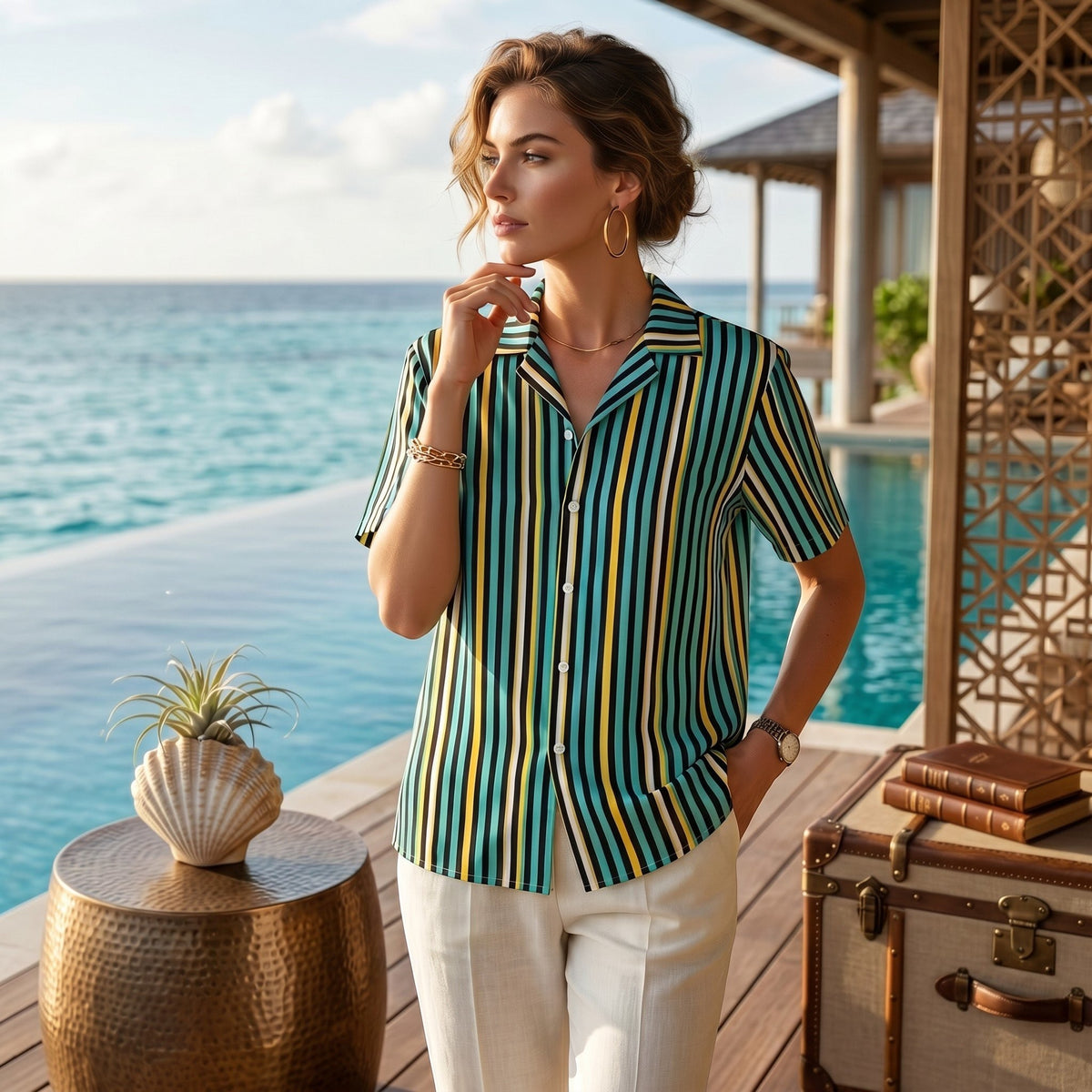 Good Wishes 365 teal striped short sleeve button-up shirt with UPF50+ protection worn by a woman by a tropical pool.