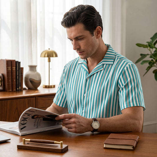 Good Wishes 365 men's deep teal and white vertical striped short sleeve shirt with a camp collar, worn by a man.