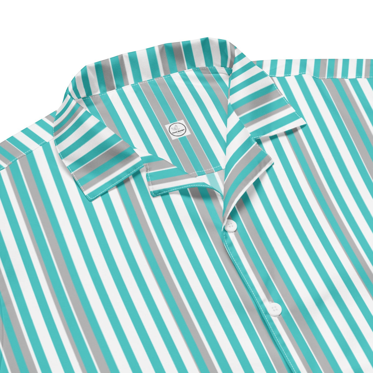Good Wishes 365 men's short sleeve button shirt in deep teal and white vertical stripes with a relaxed camp collar.