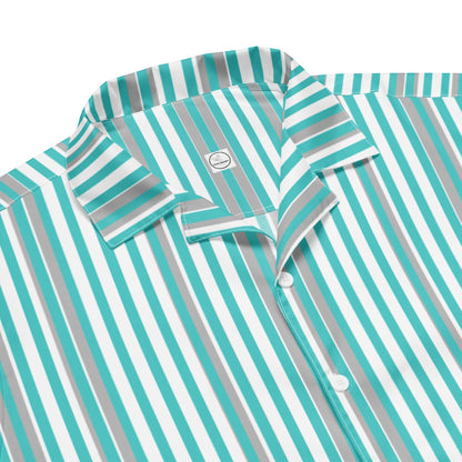 Good Wishes 365 men's short sleeve button shirt in deep teal and white vertical stripes with a relaxed camp collar.