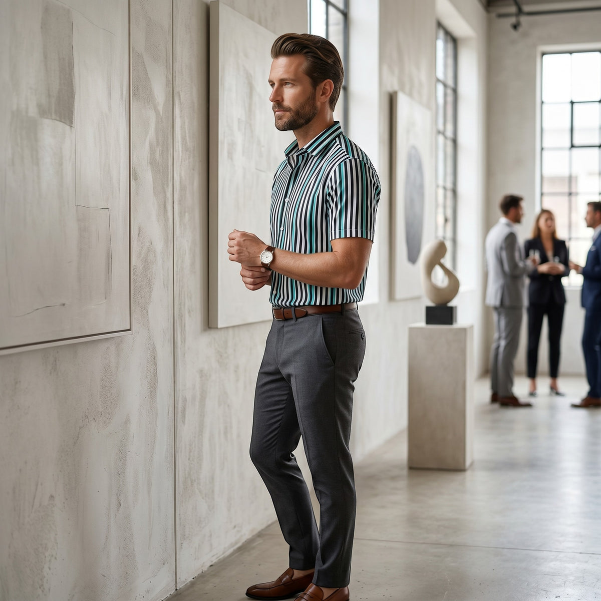 Good Wishes 365 men's teal, black, and white vertical striped short sleeve button-up shirt with UPF50+ protection.