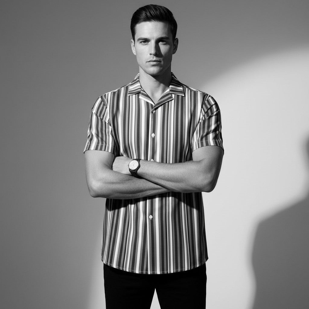Good Wishes 365 men's teal striped short sleeve button-down shirt with UPF 50+ protection worn by a model.