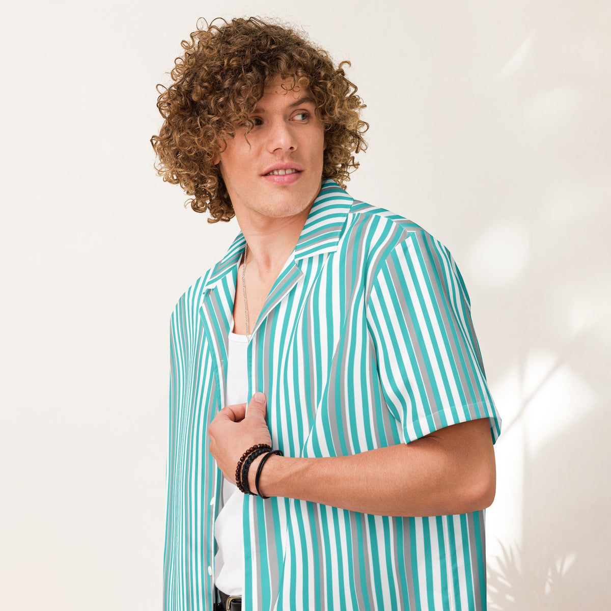 Good Wishes 365 men's deep teal and white vertical striped short sleeve button shirt with a relaxed camp collar.