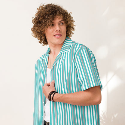 Good Wishes 365 men's deep teal and white vertical striped short sleeve button shirt with a relaxed camp collar.