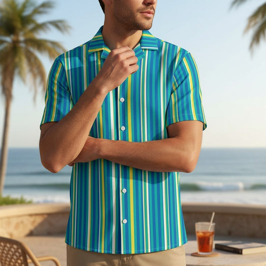 Good Wishes 365 men's teal and yellow striped short sleeve button-down shirt with UPF 50+ protection at the beach.