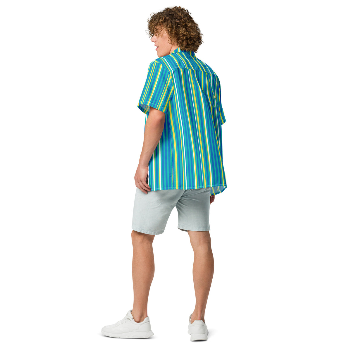 Good Wishes 365 teal striped short sleeve button shirt with UPF 50+ protection worn by a man with curly hair