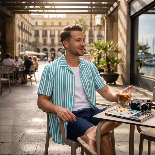 Good Wishes 365 men's deep teal and white vertical striped short sleeve camp collar shirt worn at an outdoor cafe.