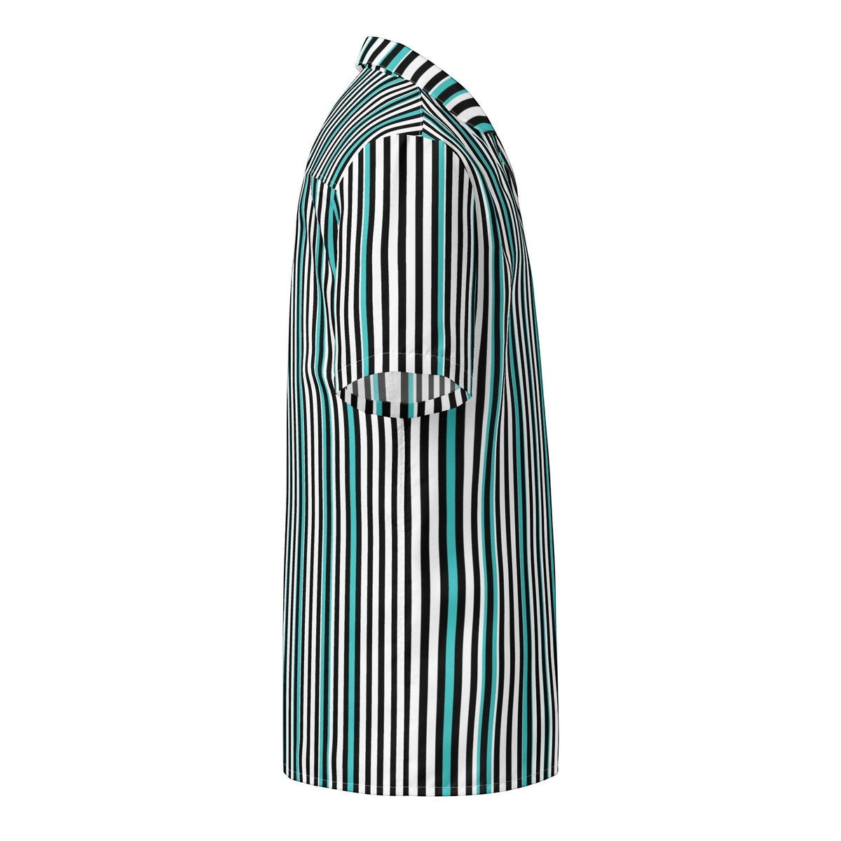 Good Wishes 365 teal, black, and white vertical striped short sleeve button-up shirt with a camp collar