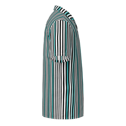 Good Wishes 365 teal, black, and white vertical striped short sleeve button-up shirt with a camp collar