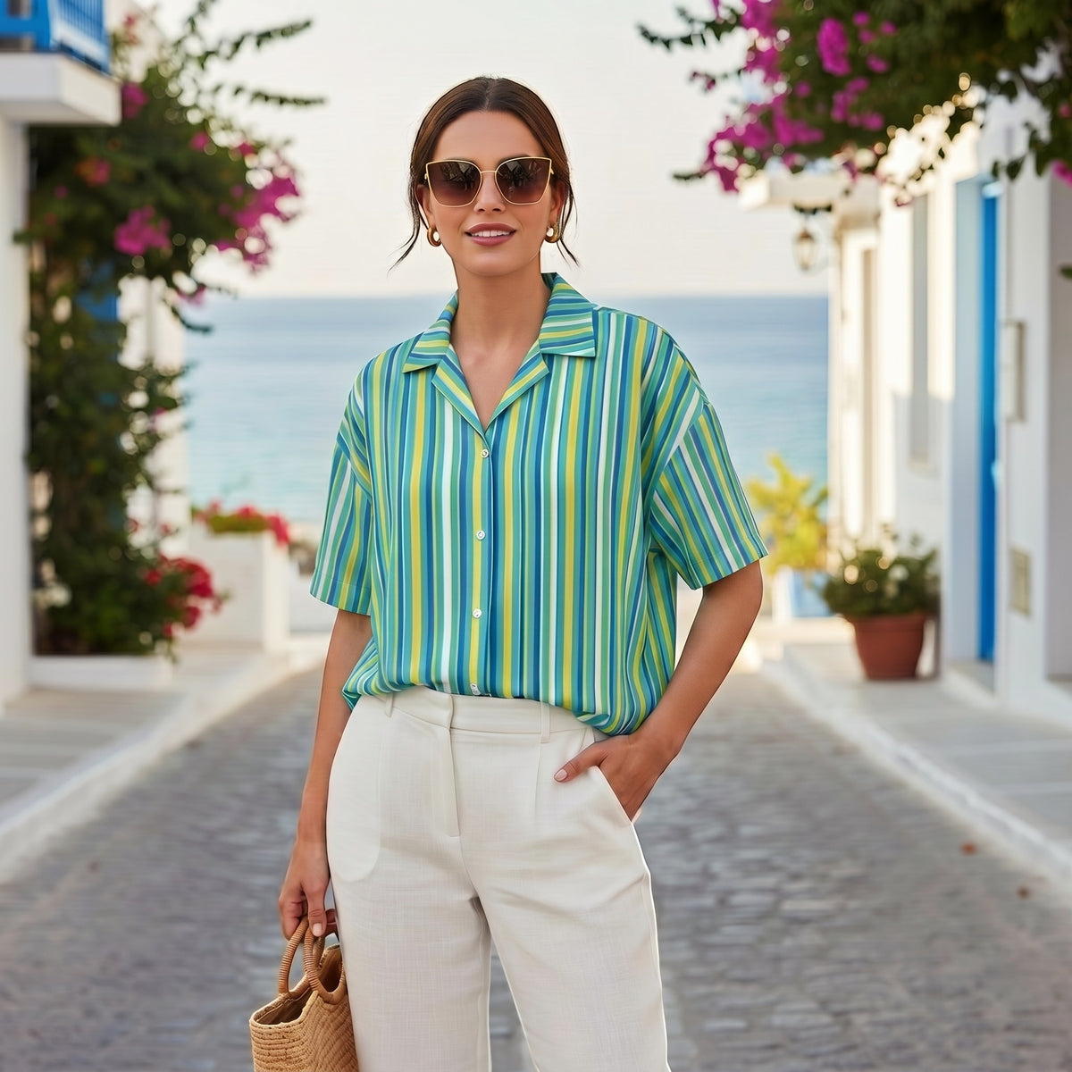 Women's Teal Striped Casual Short Sleeve Button Shirt | Unisex UPF50+