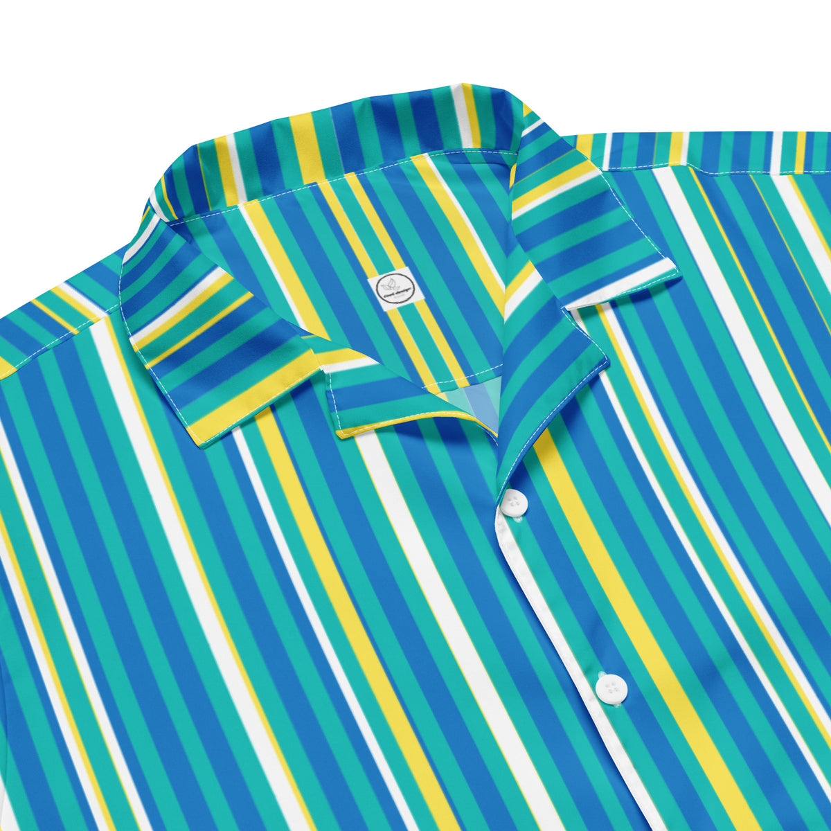 Good Wishes 365 teal striped short sleeve button-down shirt with a crisp collar and UPF 50+ sun protection fabric.