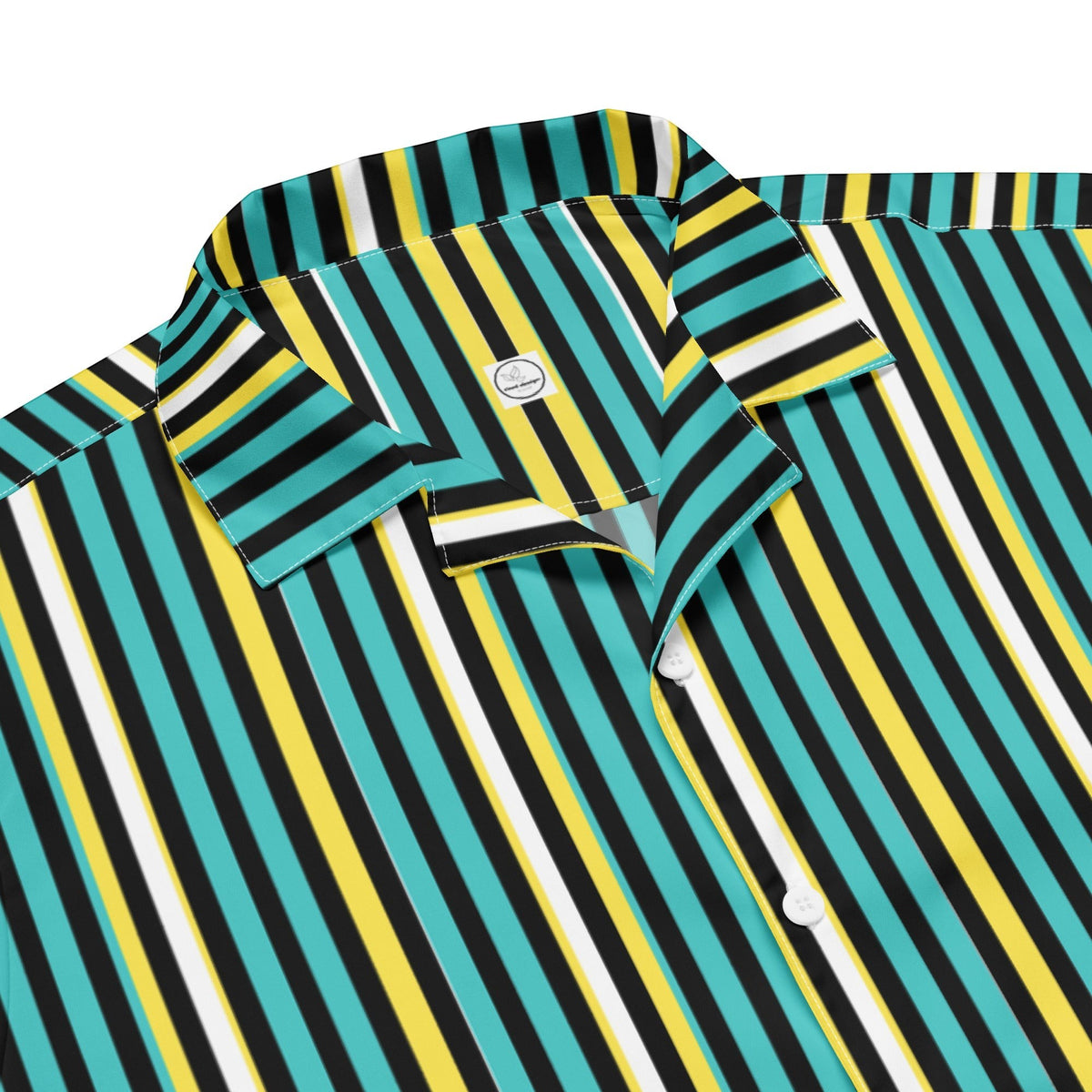 Good Wishes 365 teal yellow and white striped short sleeve button-up shirt with a camp collar and UPF50+ protection.