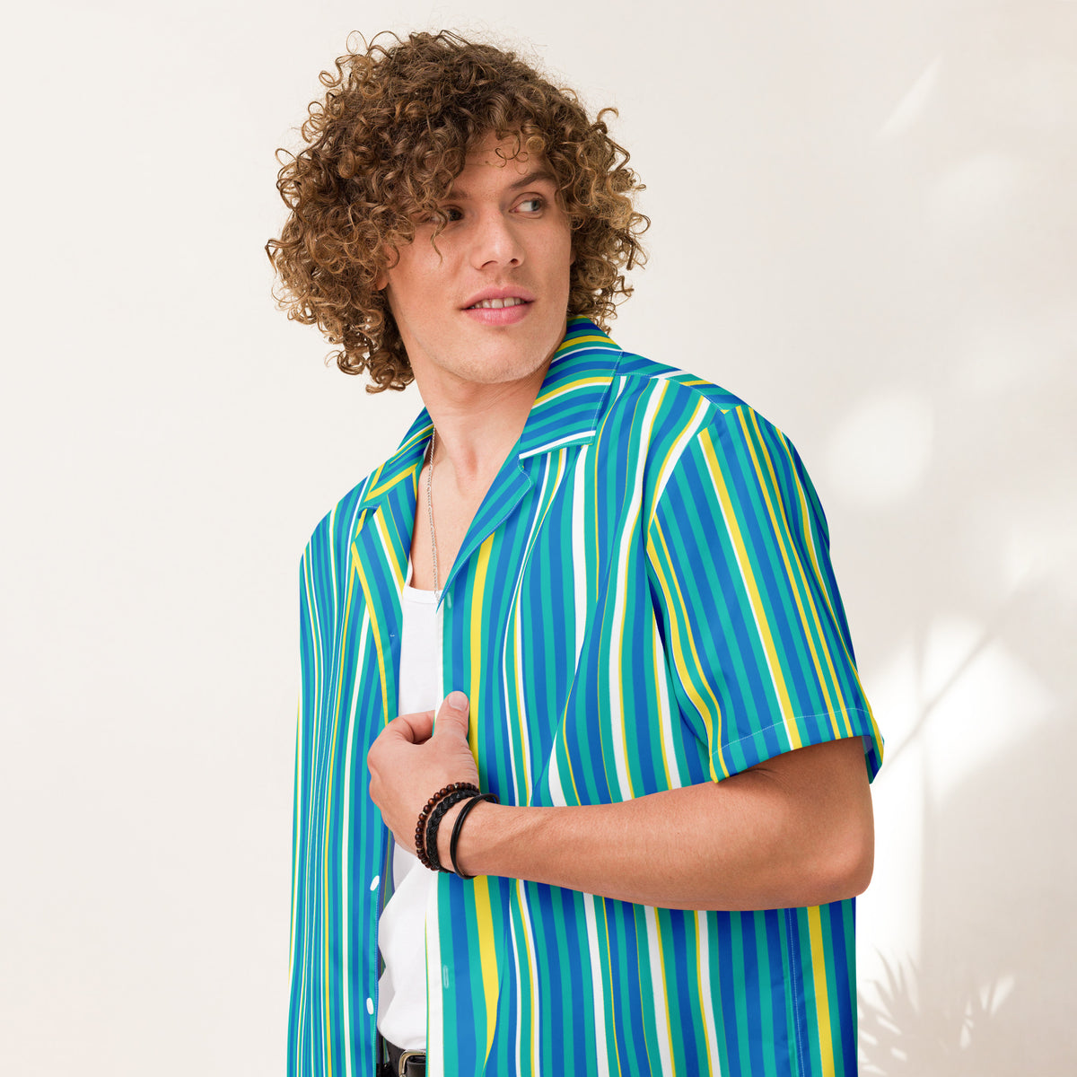 Good Wishes 365 men's teal and yellow striped short sleeve button-down shirt with UPF 50+ sun protection