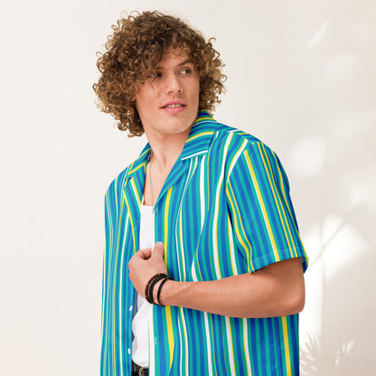 Good Wishes 365 men's teal and yellow striped short sleeve button-down shirt with UPF 50+ sun protection