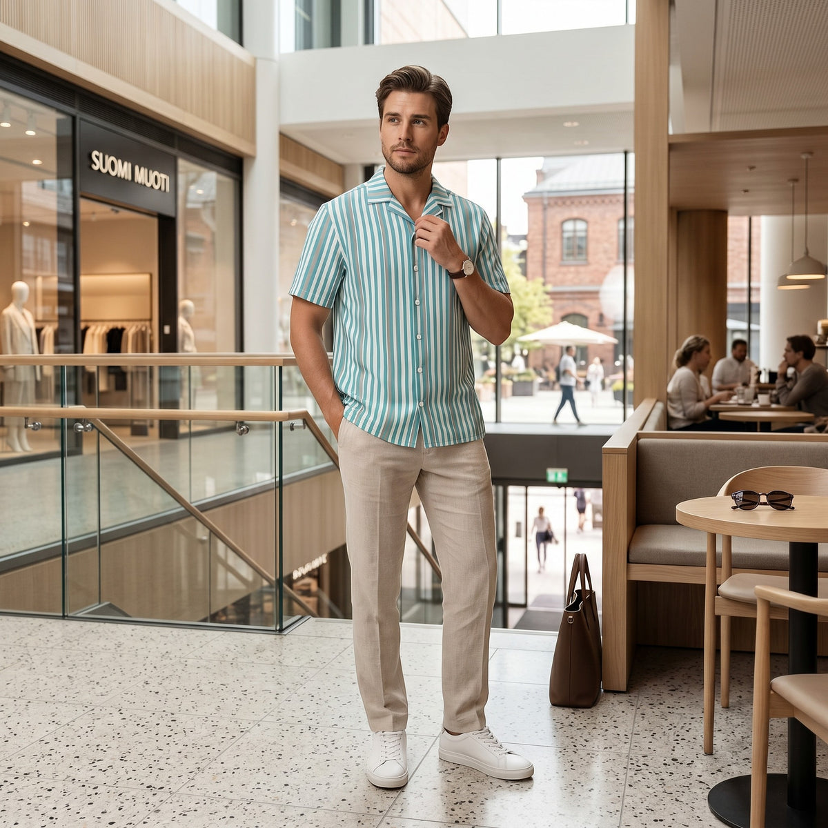 Good Wishes 365 men's deep teal and white vertical striped short sleeve button shirt with a camp collar in a mall.