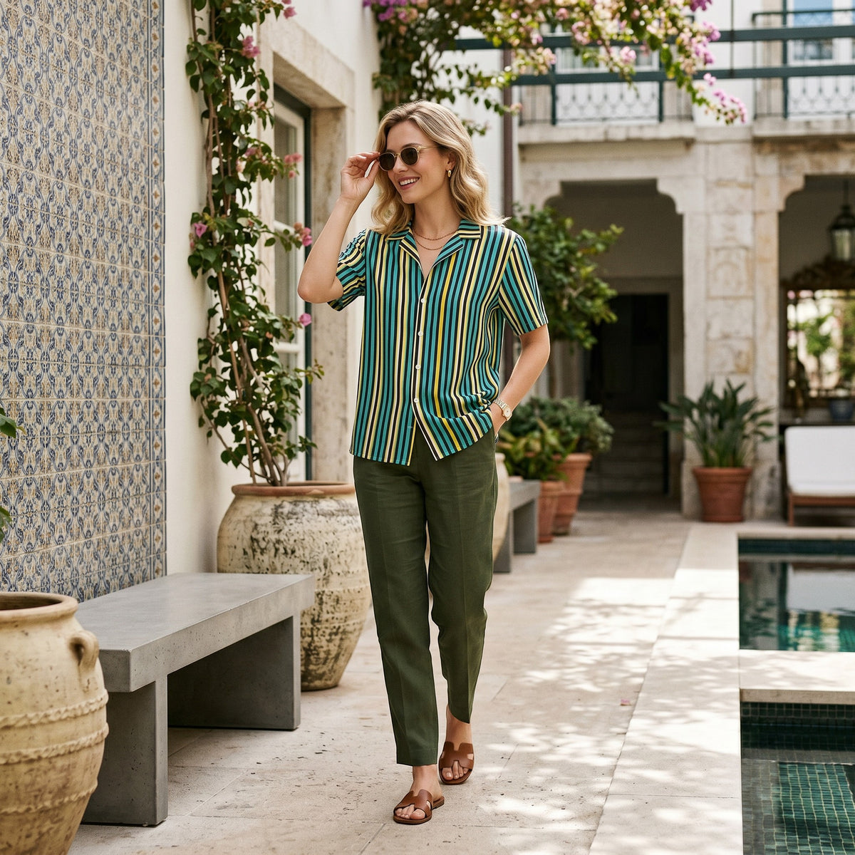 Good Wishes 365 teal striped short sleeve button-up shirt with UPF50+ protection worn by a woman in a sunny courtyard.