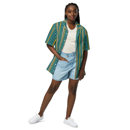 Good Wishes 365 teal striped short sleeve button-up shirt with UPF50+ protection worn by a model with denim shorts.