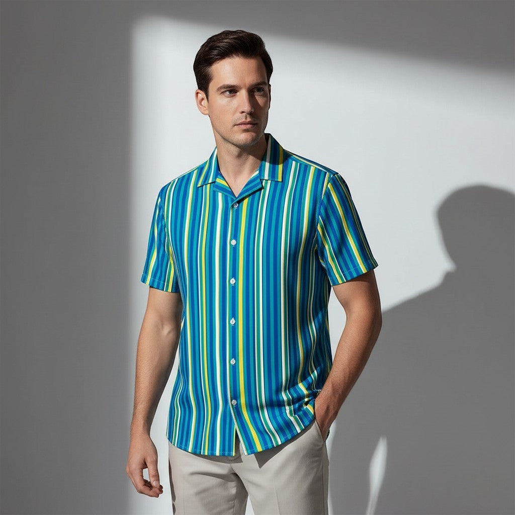 Good Wishes 365 men's teal striped short sleeve button-down shirt with UPF 50+ sun protection on a male model
