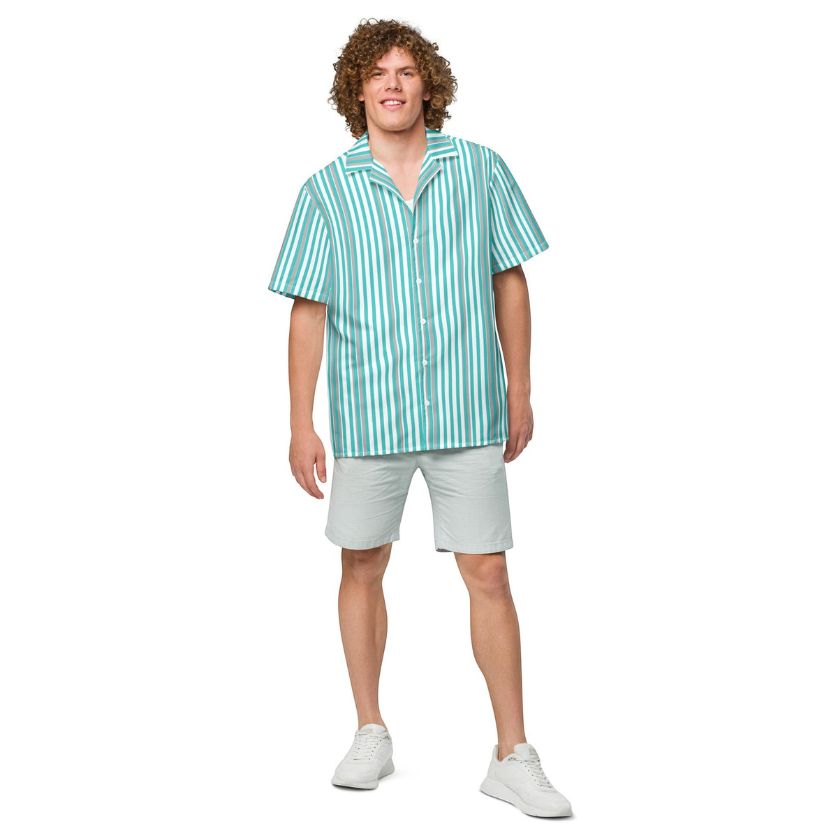 Good Wishes 365 men's deep teal and white vertical striped short sleeve camp collar shirt worn with light grey shorts