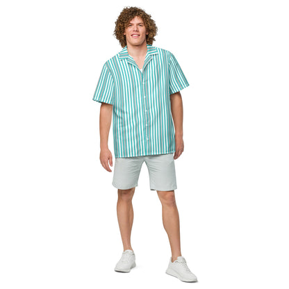 Good Wishes 365 men's deep teal and white vertical striped short sleeve camp collar shirt worn with light grey shorts