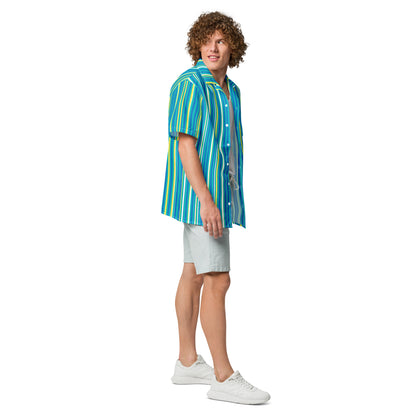 Good Wishes 365 teal striped short sleeve button shirt with UPF 50+ protection worn by a model in light grey shorts.
