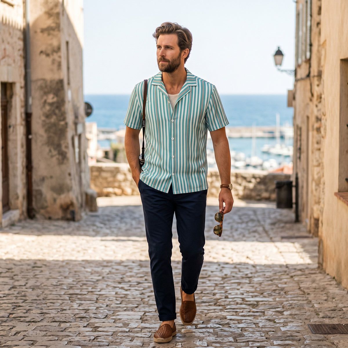 Good Wishes 365 men's deep teal and white vertical striped short sleeve camp collar shirt worn on a cobblestone street