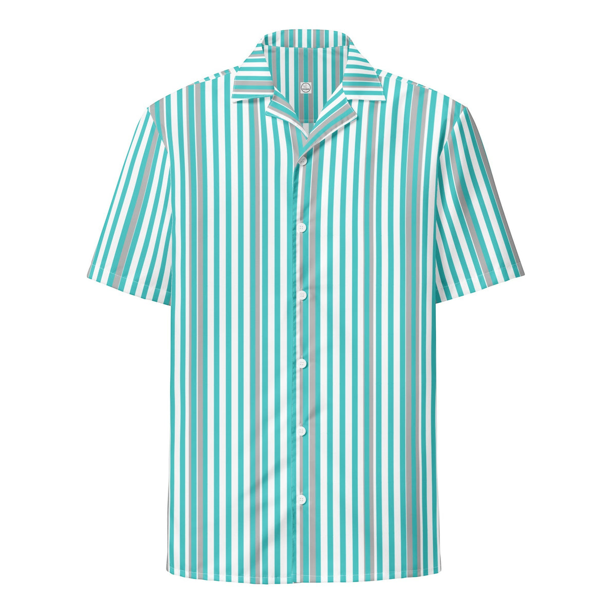 Good Wishes 365 men's short sleeve button shirt in deep teal and white vertical stripes with a relaxed camp collar.