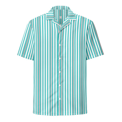 Good Wishes 365 men's short sleeve button shirt in deep teal and white vertical stripes with a relaxed camp collar.