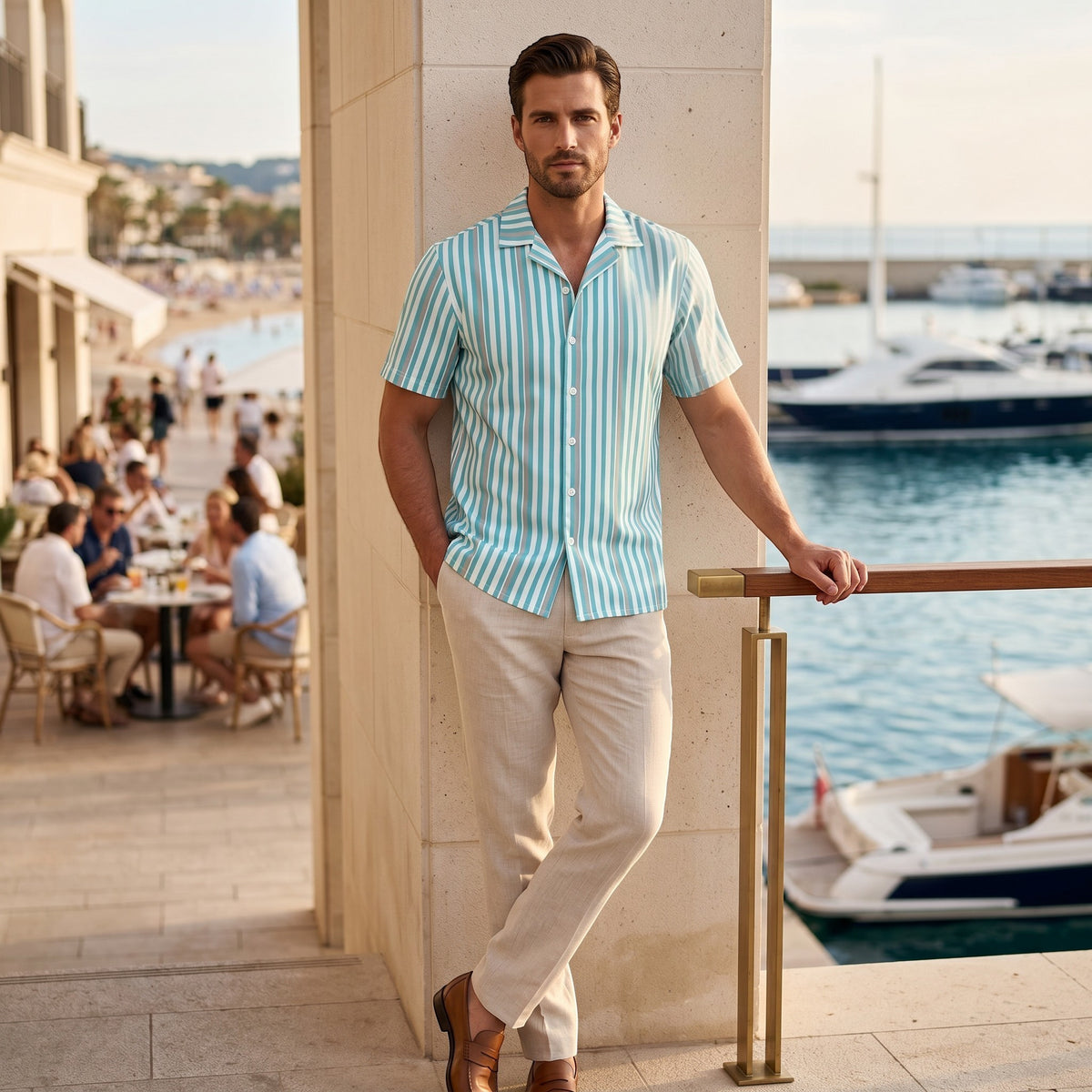 Good Wishes 365 men's deep teal and white vertical striped short sleeve camp collar shirt with beige linen trousers