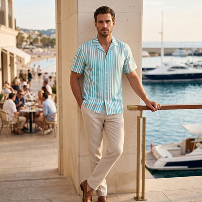 Good Wishes 365 men's deep teal and white vertical striped short sleeve camp collar shirt with beige linen trousers