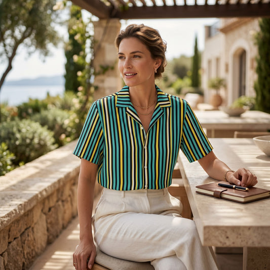 Good Wishes 365 women's teal, yellow, and white striped short sleeve button-up shirt with UPF50+ protection.