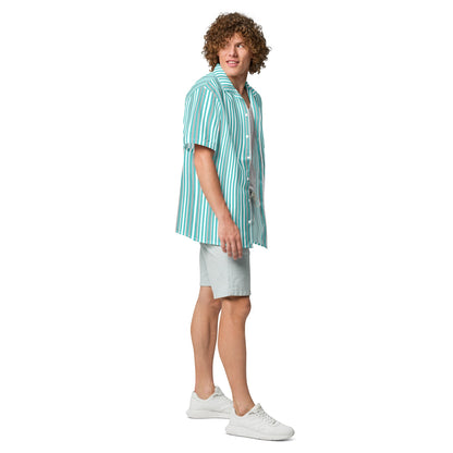 Good Wishes 365 men's deep teal and white vertical striped short sleeve camp collar shirt worn with light grey shorts