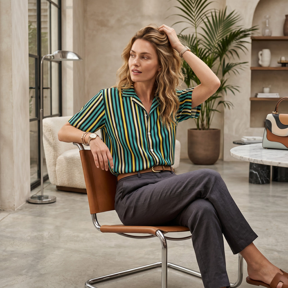 Good Wishes 365 teal and yellow striped short sleeve button-up shirt with a camp collar worn by a woman in a studio.