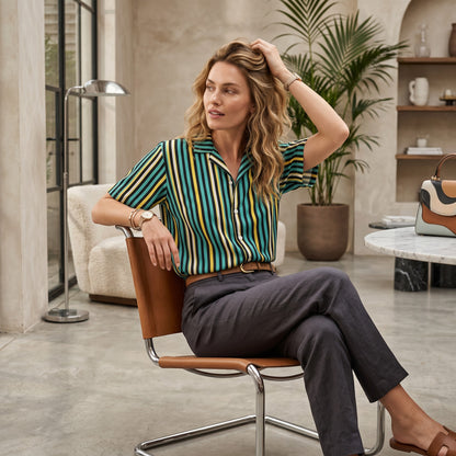 Good Wishes 365 teal and yellow striped short sleeve button-up shirt with a camp collar worn by a woman in a studio.