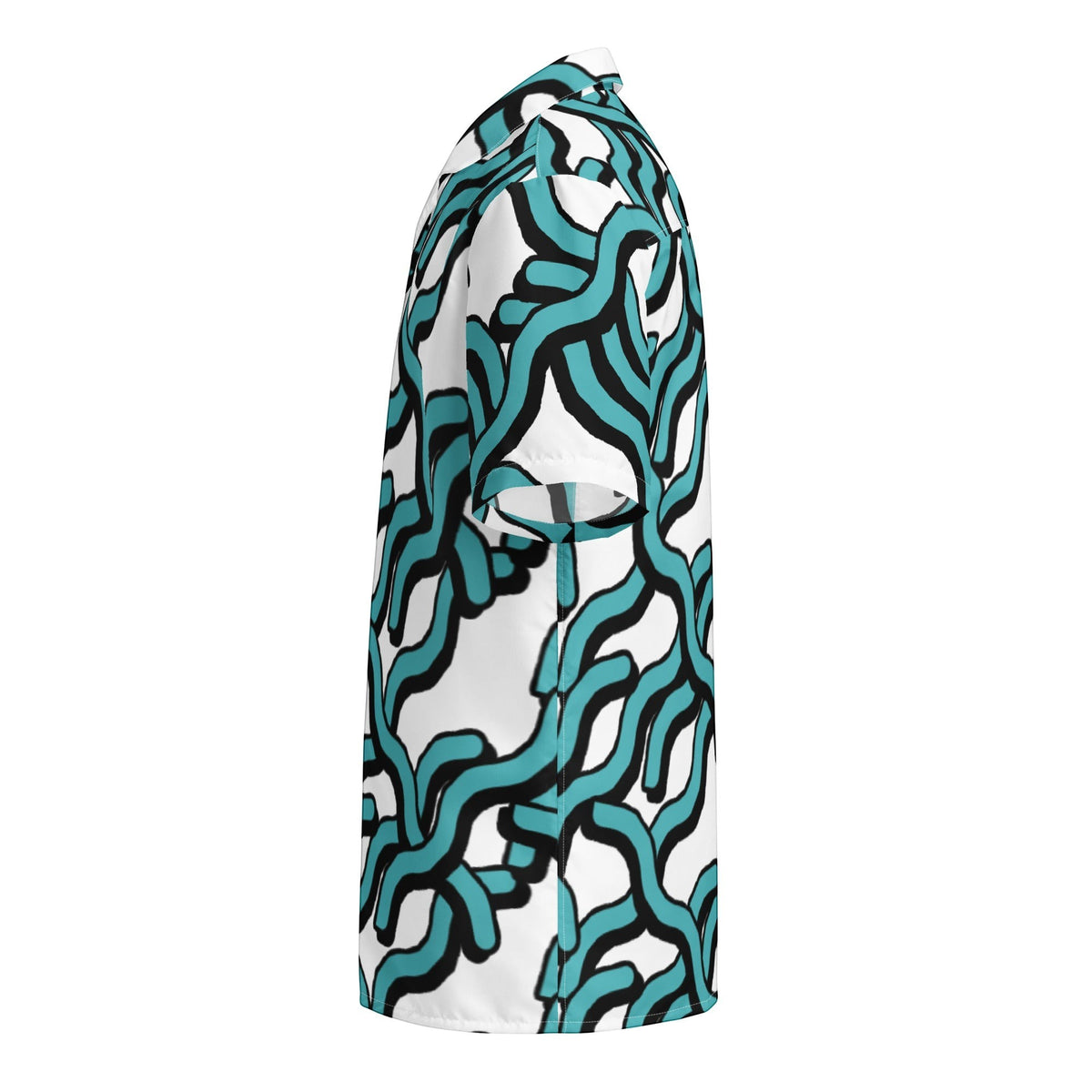 Good Wishes 365 women's UPF50+ button shirt in white with a teal and black abstract wave print, side view.