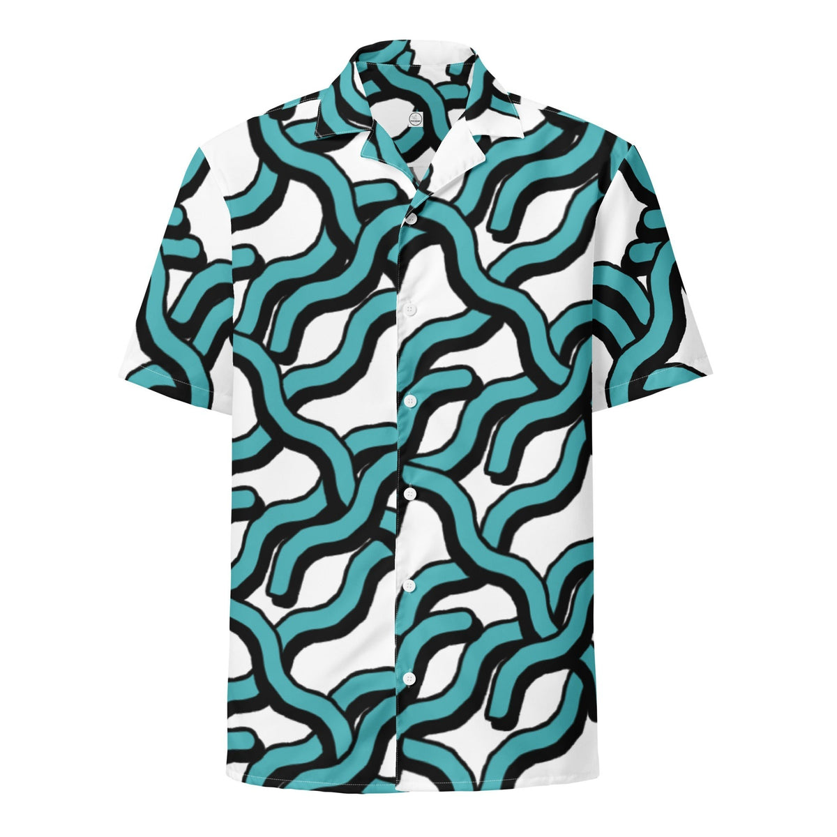 Good Wishes 365 women's short-sleeve button-down shirt with a teal and black abstract wave print on white fabric.