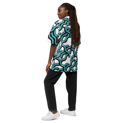 Good Wishes 365 women's teal and black abstract wave print UPF50+ button-down shirt worn with black jeans
