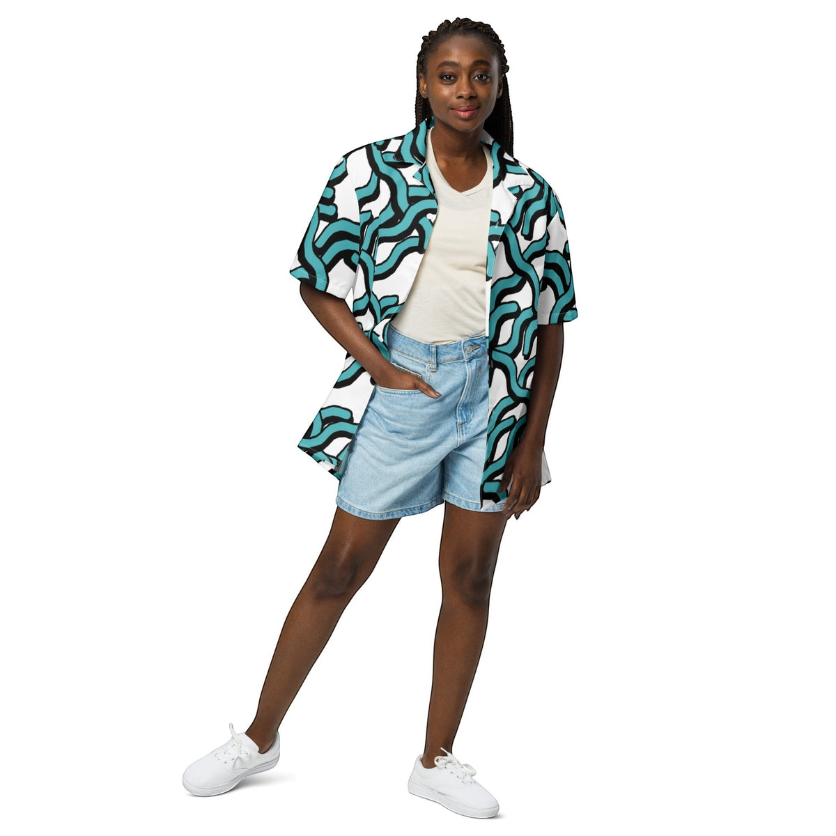 Good Wishes 365 women's teal and black abstract wave print button-down shirt with UPF50+ protection on a model