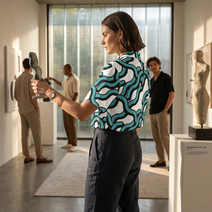 Good Wishes 365 women's teal and black abstract wave print button-down shirt with UPF50+ protection in an art gallery.