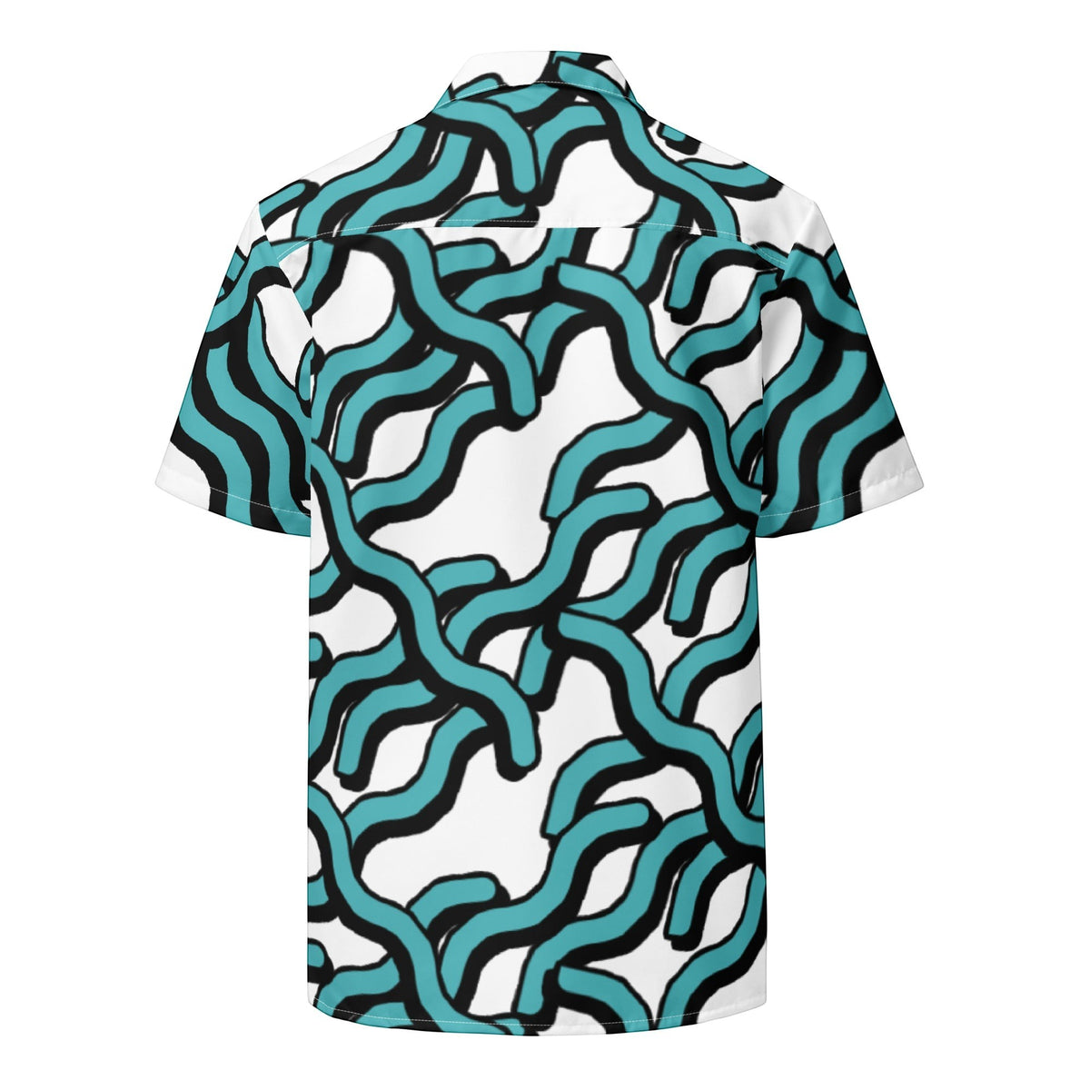 Good Wishes 365 women's short sleeve button shirt with a teal and black abstract wave print on a white background.