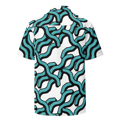 Good Wishes 365 women's short sleeve button shirt with a teal and black abstract wave print on a white background.