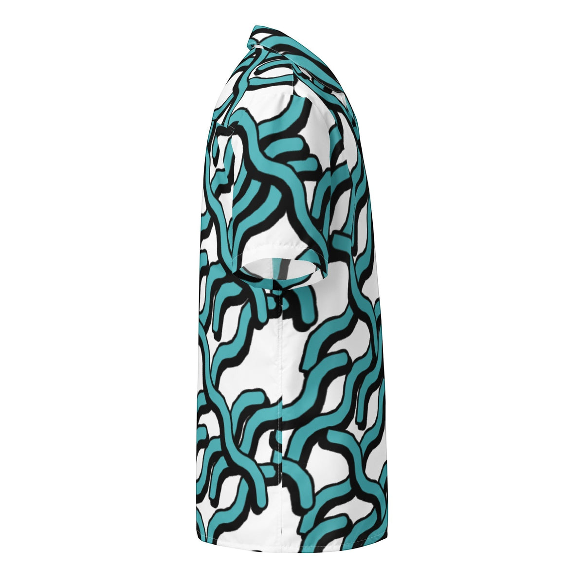 Good Wishes 365 women's button-down shirt with a teal and black abstract wave print on white, side view.