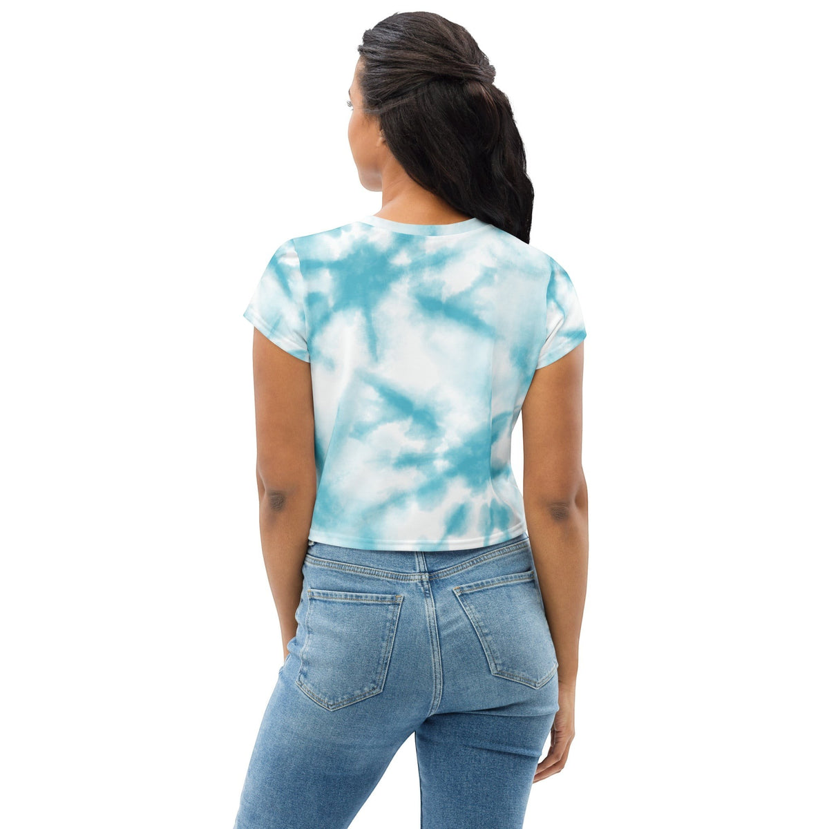 Good Wishes 365 blue and white tie-dye crop top t-shirt worn by a woman, back view